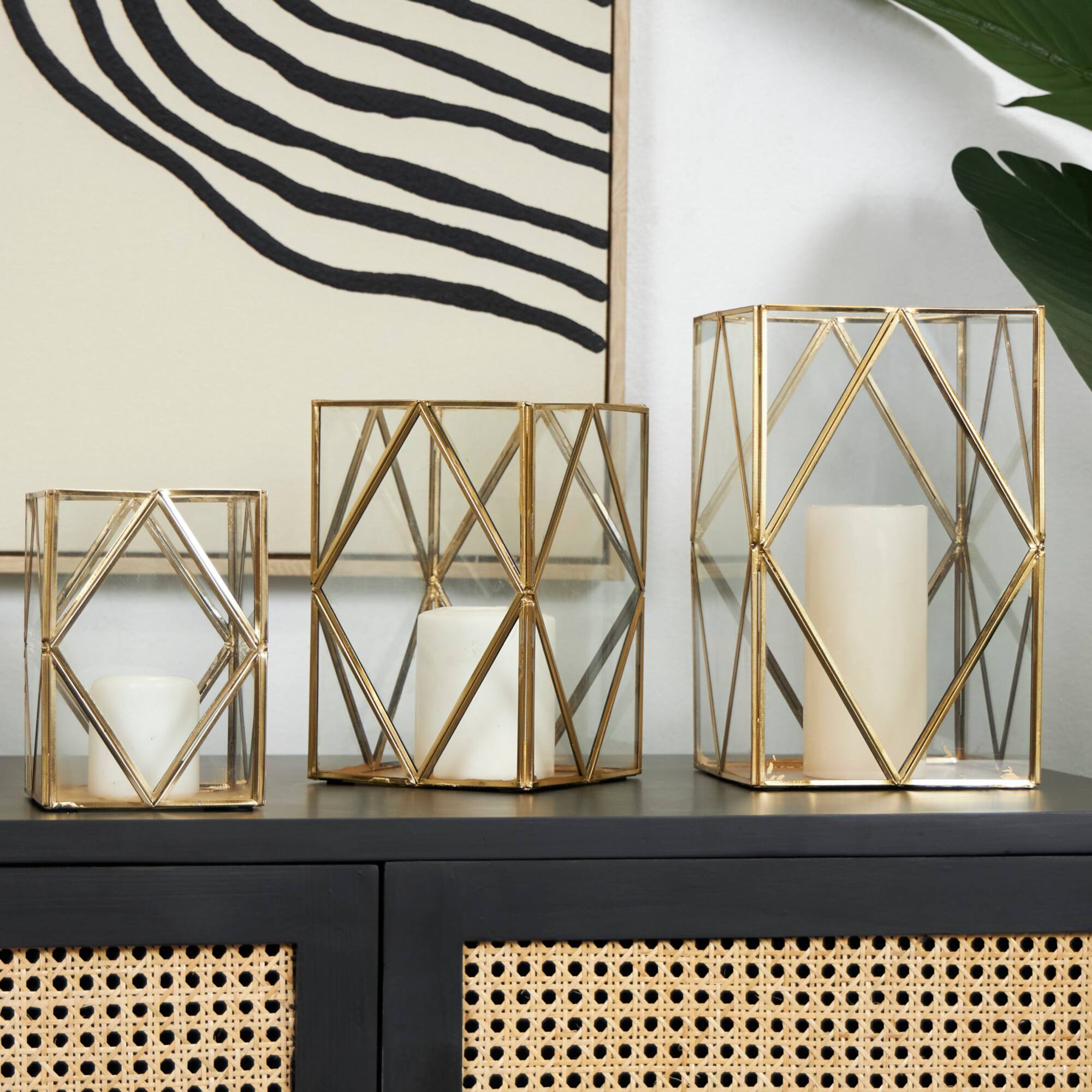 CosmoLiving by Cosmopolitan Gold Metal & Clear Glass Diamond Rectangular Candle Lantern Set
